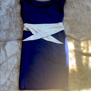 blue with cream tie waist dress